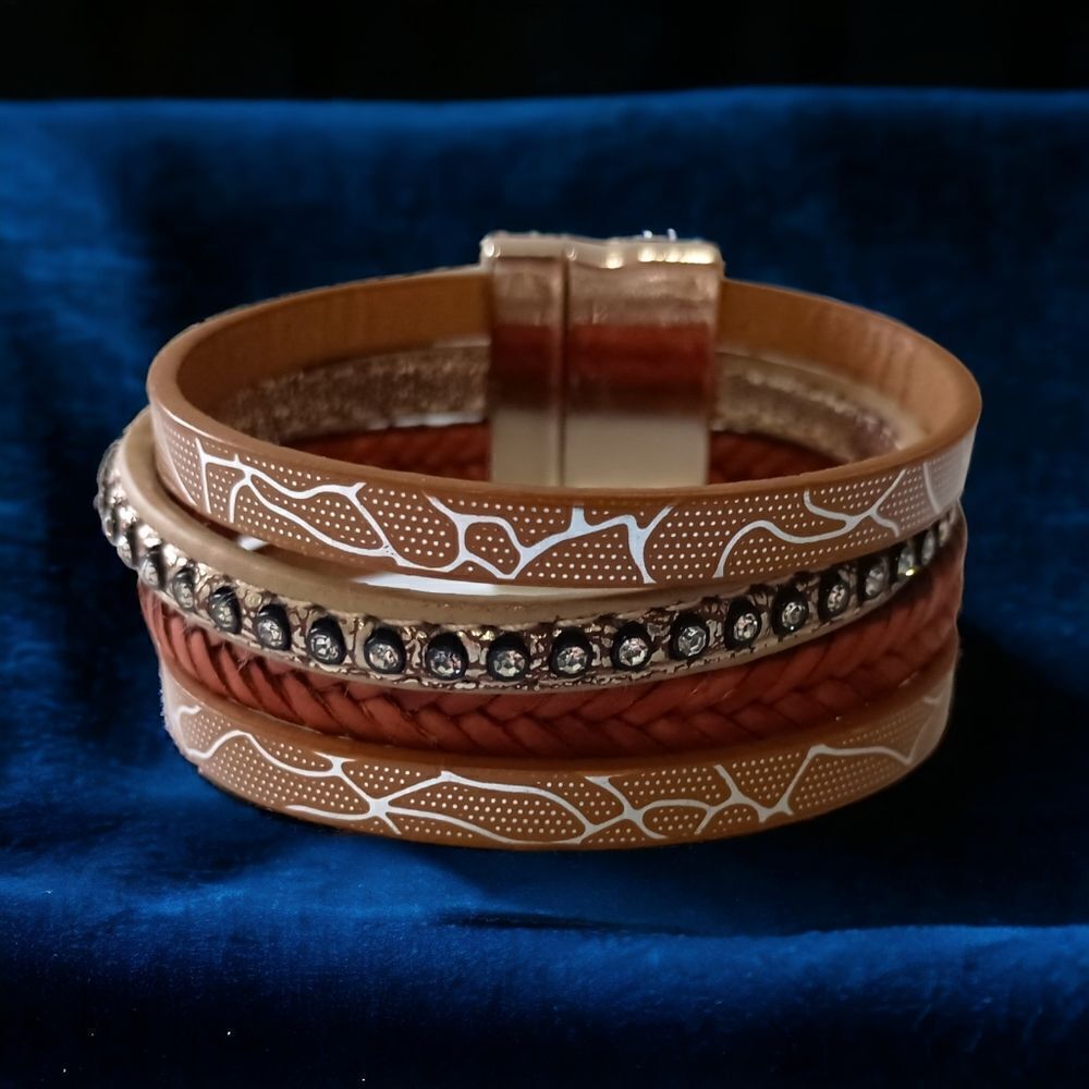 Leather Magnetic Wrap‎ Bracelet Gold Tone Neutrals Studded Moto Biker Western